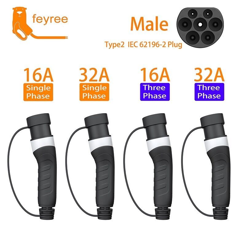 feyree EV Charger Type2 Штепсельная вилка для стороны источника питания 16A 32A 1-фазный адаптер IEC62196-2 11 кВт 22 кВт трехфазный электромобиль